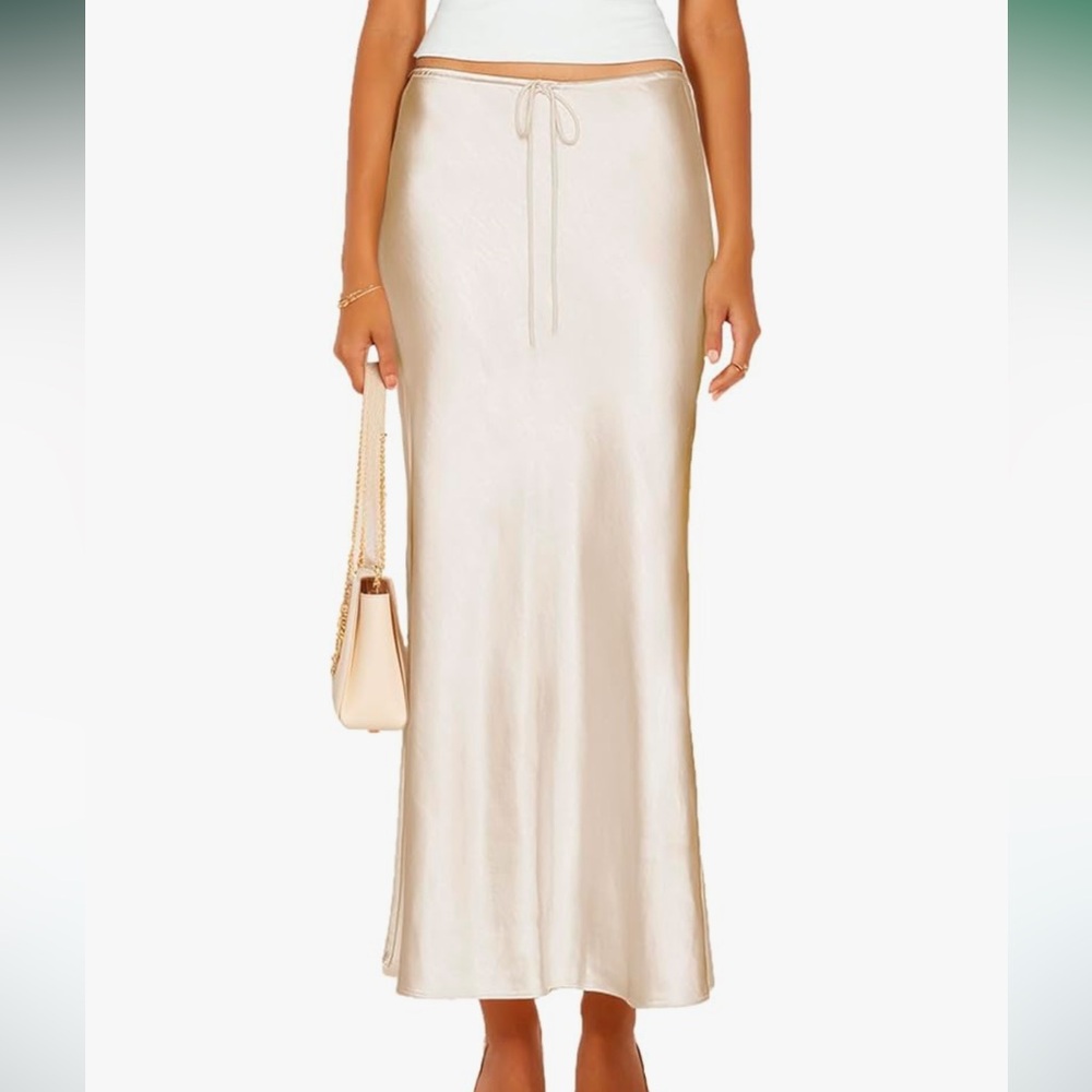 NWT Satin Silk Maxi Skirts Drawstring Flared Casual A-Line Long Skirt